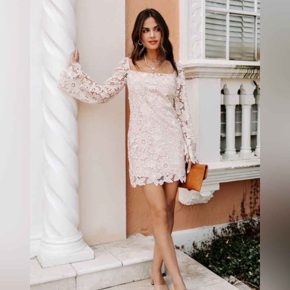 Boutique Blush Pink Crochet Mini Dress Long Wide Sleeves Boho Spring Dress